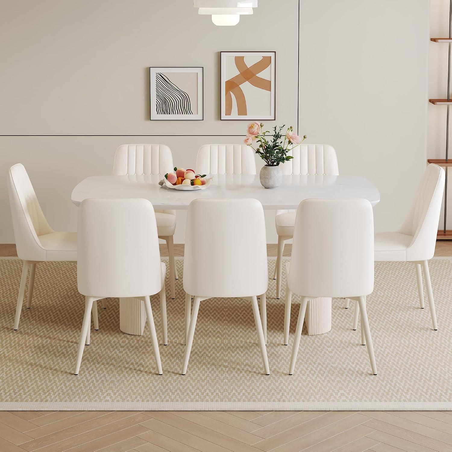Ebullient 67" White Dining Table Set for 8, 9 Piece Kitchen Table & Chairs | Marble-Look Top, Ripple Pedestal Base, 8 Cream White Chairs; Easy 4-Screw Setup; Easy-Clean Surface for Family Dining at Home