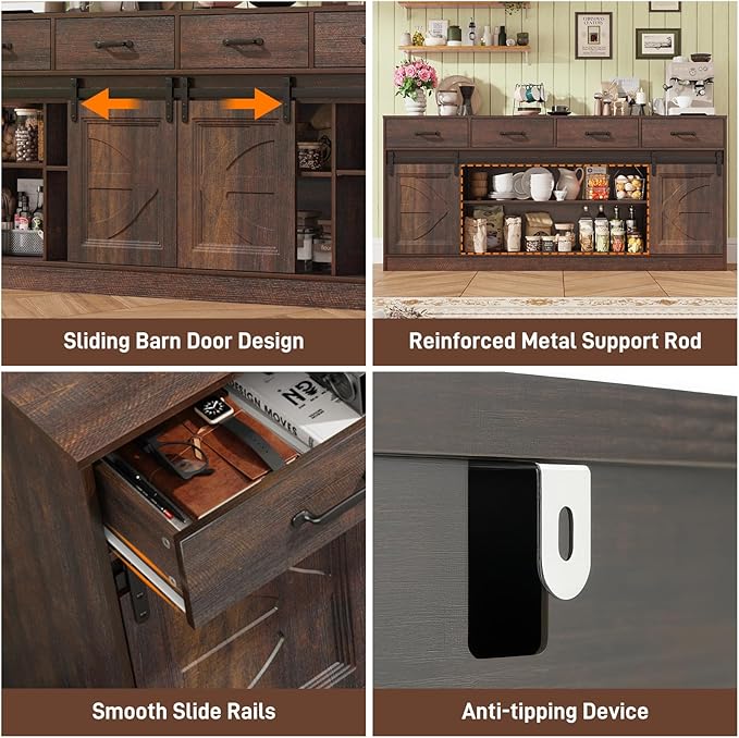 St.Mandyu 70" Large Farmhouse TV Stand for 85/80/75/70 Inch TVs w/4 Drawers,Rustic Tall Media Console w/Sliding Barn Door, Adjustable Shelves,Tall Entertainment Center for Living Room,Brown