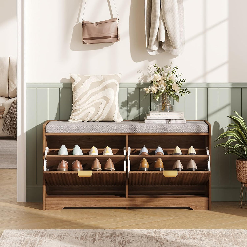 Maupvit Fluted Shoe Bench with 2 Flip-Drawers, 39.4" Narrow Entryway Ben...