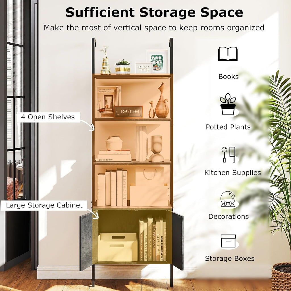 Giantex 72.5" Ladder Bookshelf with Cabinet, 5-Tier Tall Wall-Mounted Shelf w/Storage, Modern Style Kitchen Open Shelving Organizer, Heavy-Duty Metal Frame Display Rack for Living Room,Black