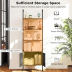Giantex 72.5" Ladder Bookshelf with Cabinet, 5-Tier Tall Wall-Mounted Shelf w/Storage, Modern Style Kitchen Open Shelving Organizer, Heavy-Duty Metal Frame Display Rack for Living Room,Black