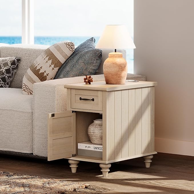 WAMPAT Beige End Table with Charging Station, Wooden Side Table with Storage ...