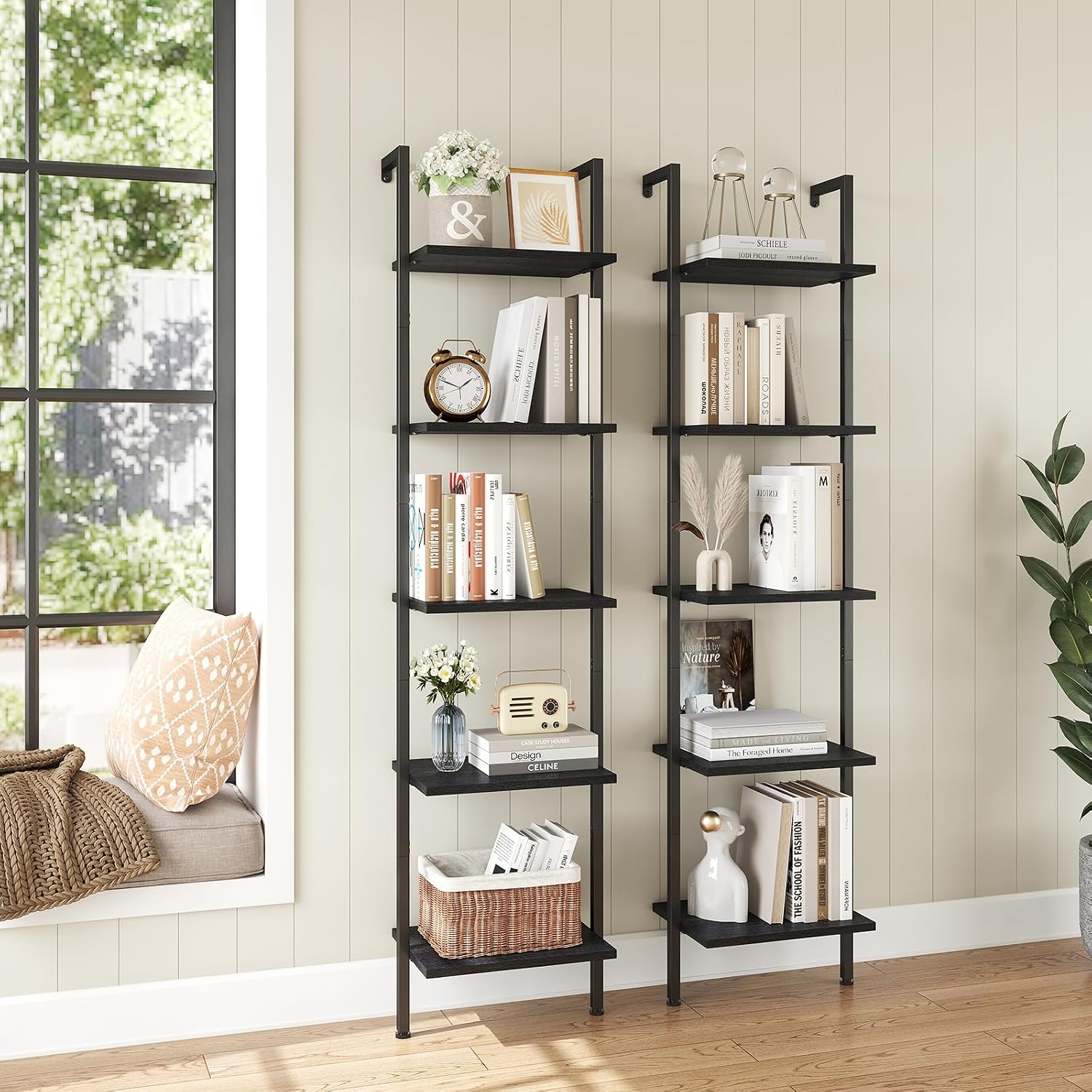 ELYKEN Ladder Shelf, 5-Tier Wood Wall Mounted Ladder Bookshelf | Leaning Storage Shelves with Metal Frame, Vintage Open Display Organizer Rack for Living Room, Bedroom, Home Office, Black