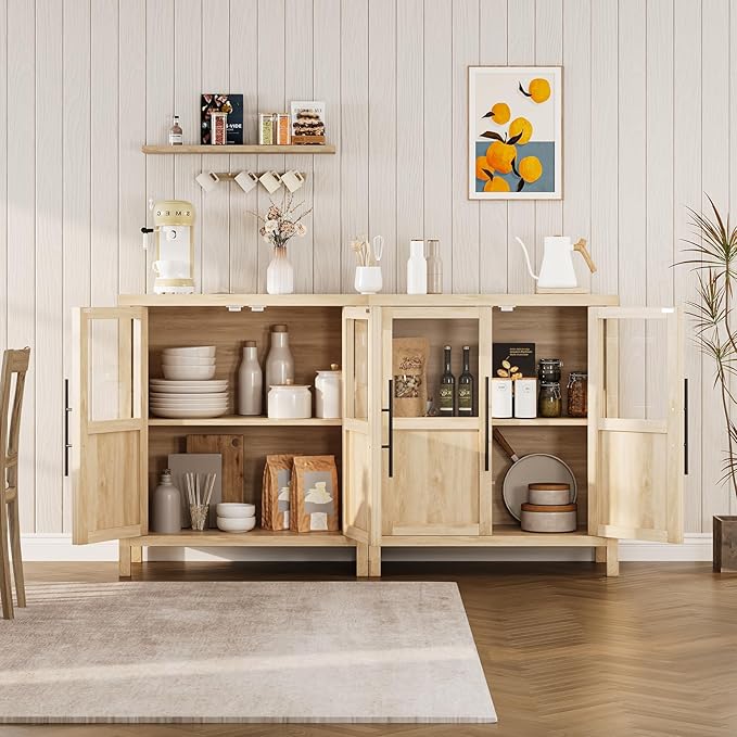 GarveeHome Sideboard Buffet Cabinet with 2 Glass Doors, 29" Buffet Table Coffee Bar Wine Bar Display Cabinet for Kitchen Dining Room, Living Room (Natrual, Glass with 2 Doors)