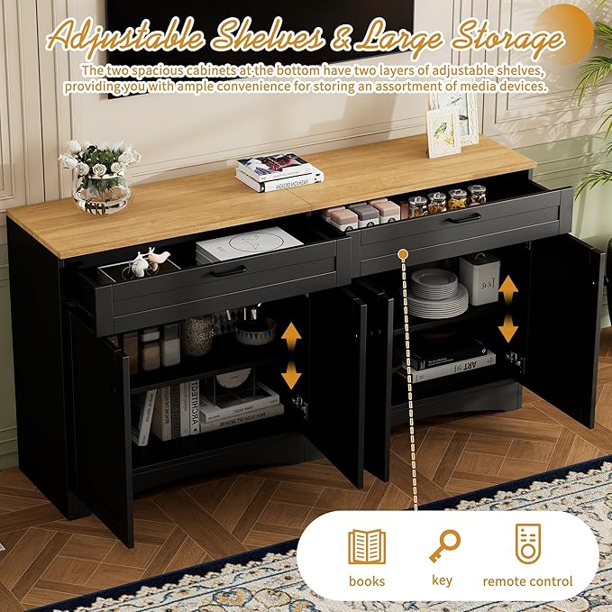 Ball & Cast Farmhouse TV Stand with 2 Drawers for TVs up to 70",Wood Grain Sideboard Buffet Cabinet w/Rustic Handles and Adjustable Shelf,Entertainment Center for Living Room,Bedroom,Black