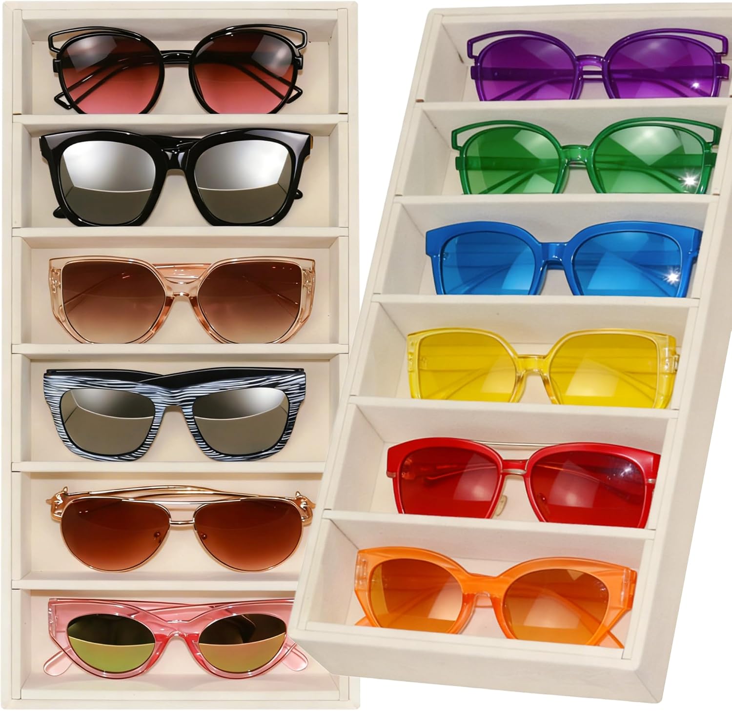 2 Pack Velvet Sunglasses Tray Stackable Eyeglasses Display Case Removable Jewelry Organizer Tray for Multiple Glasses, Reading Glasses, Earring Necklace Jewelrys Showcase, Beige