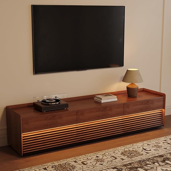 POVISON Fully-Assembled Mid Century Modern TV Stand, 78.74" Wood Media Console with Adjustable LED Light, Entertainment Center with Storage for Living Room