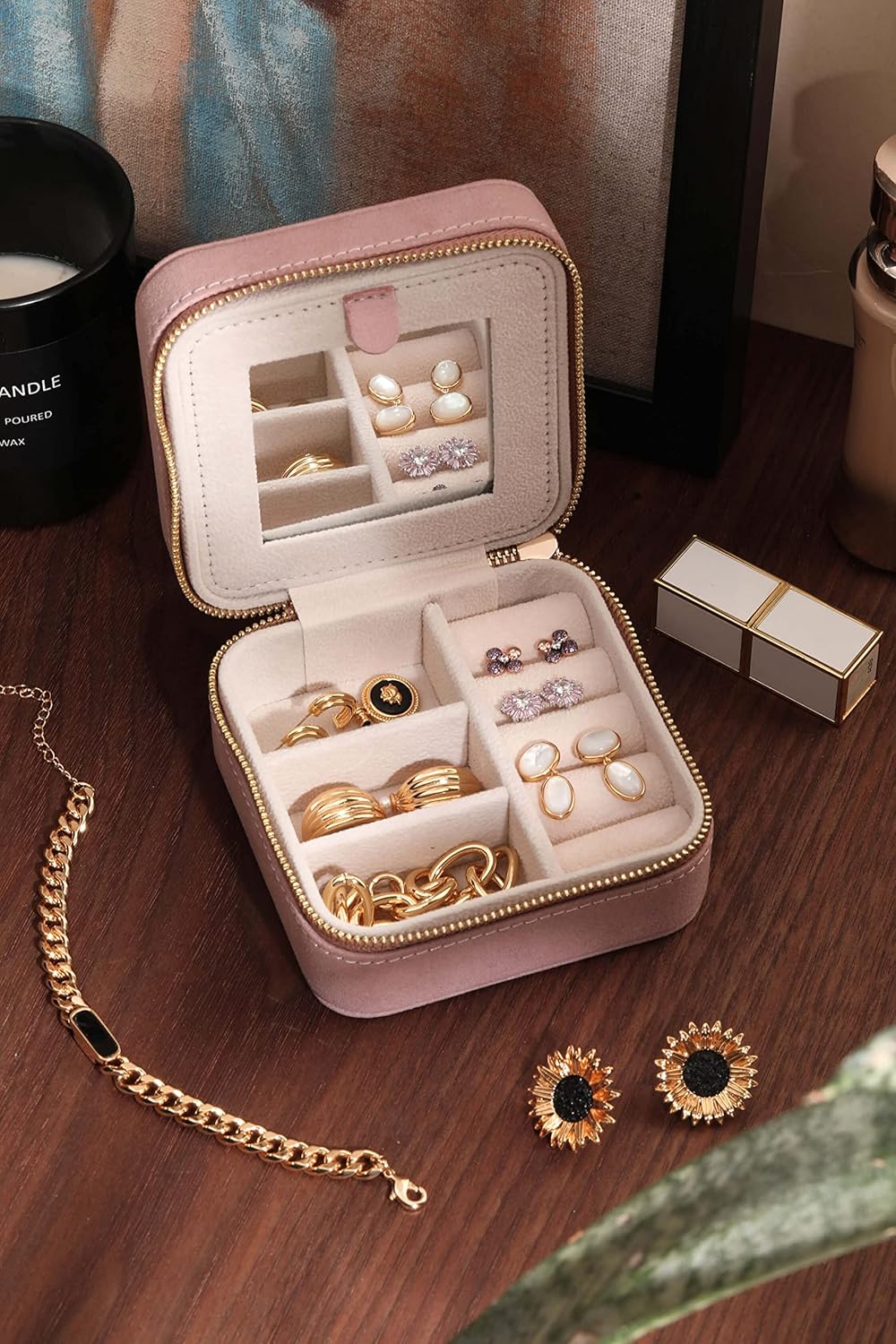 S.Leaf Travel Jewelry Organizer Boxes for Women Small Portable Necklace Earrings Bracelet Rings Travel Case Best Friend Birthday Gifts for Women Trendy (05_Suede_Touch_Dust_Pink)