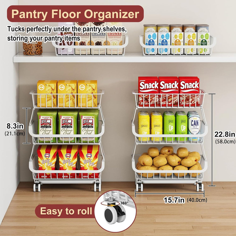 3-Tier Rolling Pantry Cart with Wheels, Stackable Wire Storage Floor Organize...