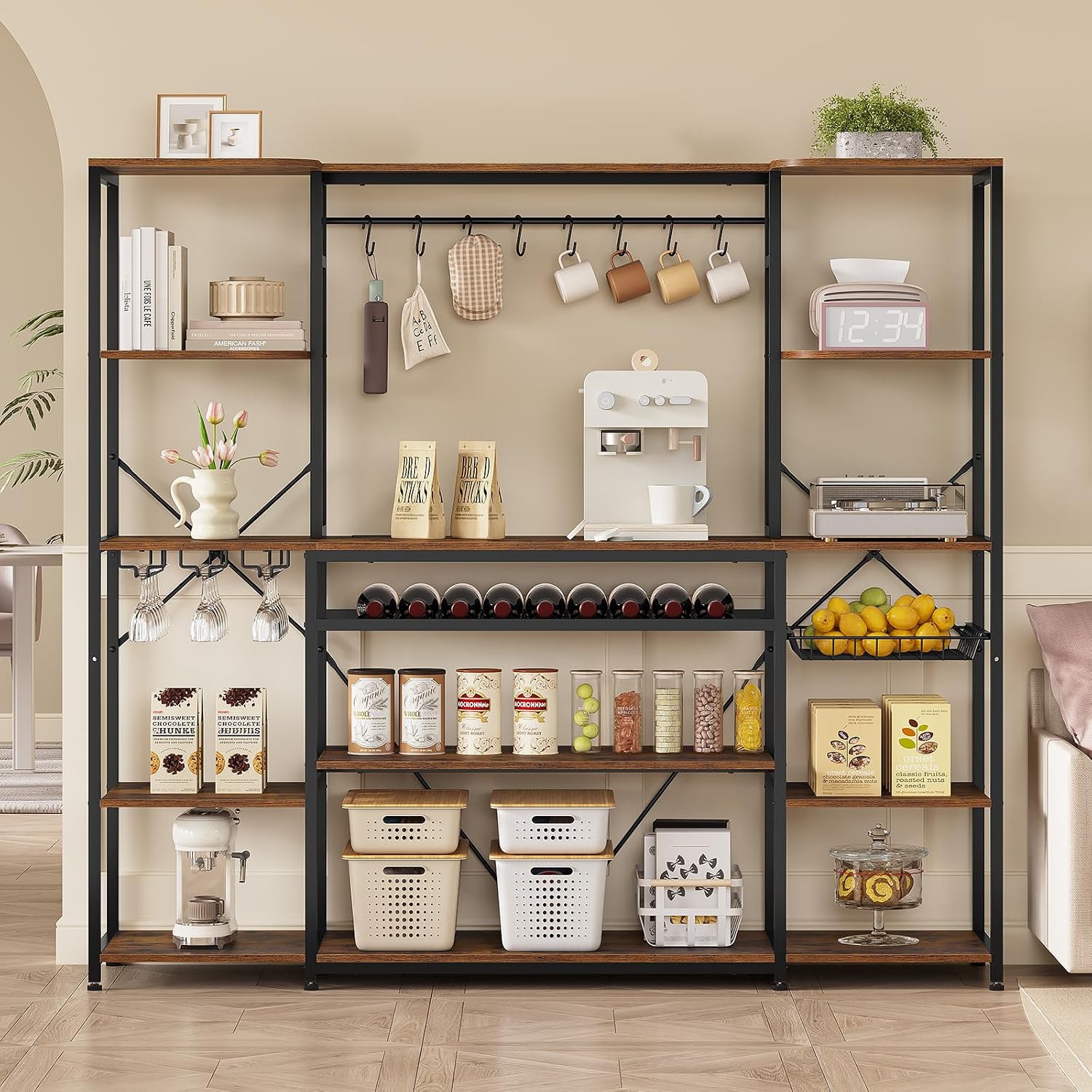 UPOSOJA 62.4in Large Bakers Rack with Power Outlet, Wide Kitchen Microwave Stand with Storage Shelves, 5-Tier Coffee Bar, Wine Rack, Goblet Holder, 8 Hooks, Wire Basket(Rustic Brown, Large)