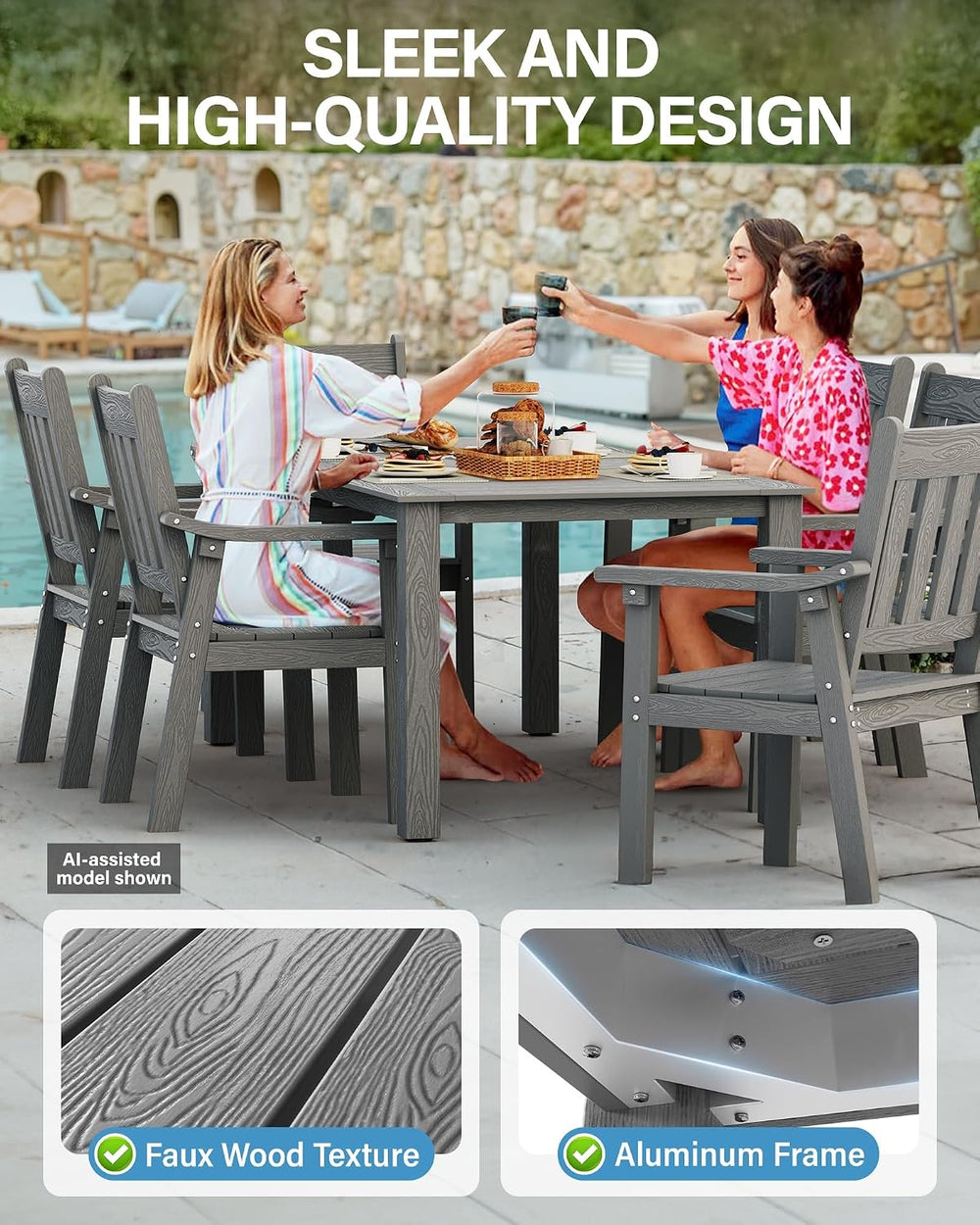 YEFU 7-Piece Patio Table Set, All-Weather HIPS, Metal Aluminum Frame, Gray