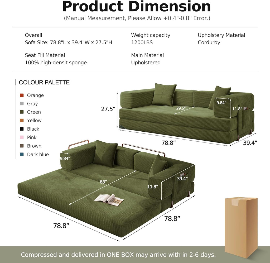 MoonSpeak 78.8''Sleeper Couch Bed for Livingroom,Convertible Modular Sofa with Armrest Pillow,Modular Foldable Corduroy Couches in a Box,No Assembly (Green)