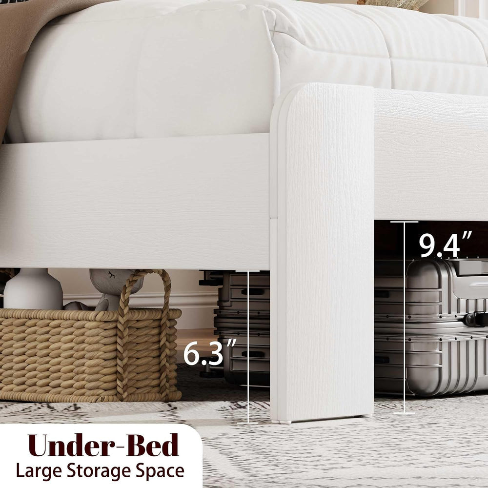 Peanu King Bed Frame, Charging Station, White Metal Storage Headboard