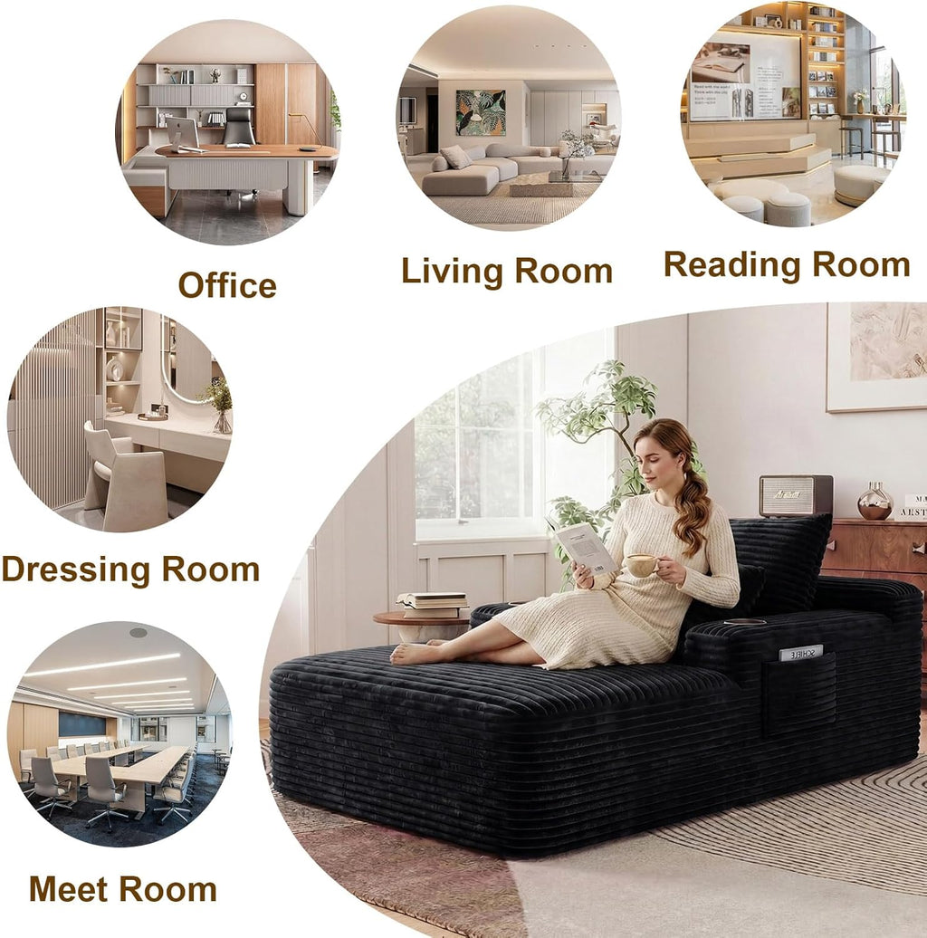 65" Oversized Chaise Lounge Chair Indoor, Boneless Chaise Lounge Chair with Cup Holders Side Pockets 3 Pillows, Cloud Corduroy Chaise Sofa Bed Sleeper Couches for Living Room No Assembly Require,Black