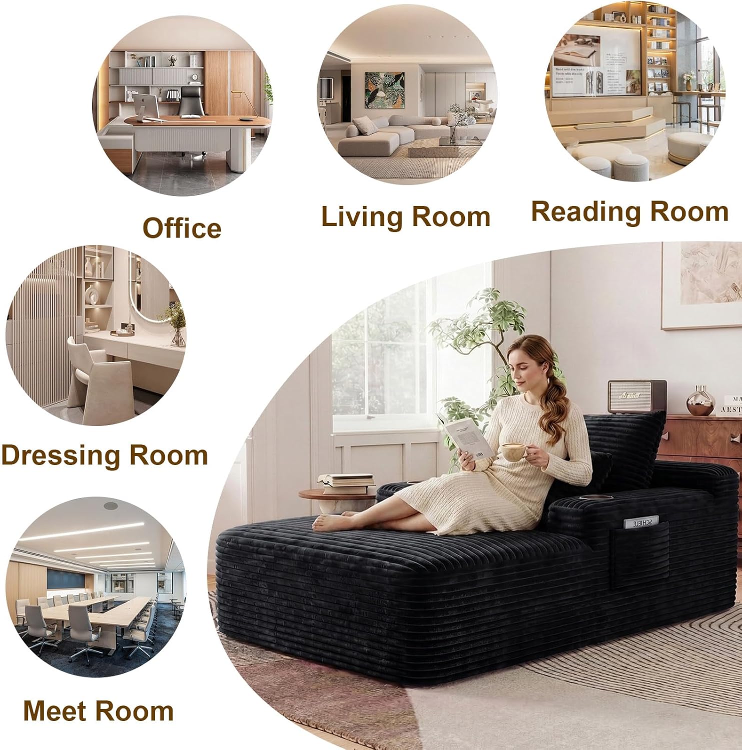 65" Oversized Chaise Lounge Chair Indoor, Boneless Chaise Lounge Chair with Cup Holders Side Pockets 3 Pillows, Cloud Corduroy Chaise Sofa Bed Sleeper Couches for Living Room No Assembly Require,Black