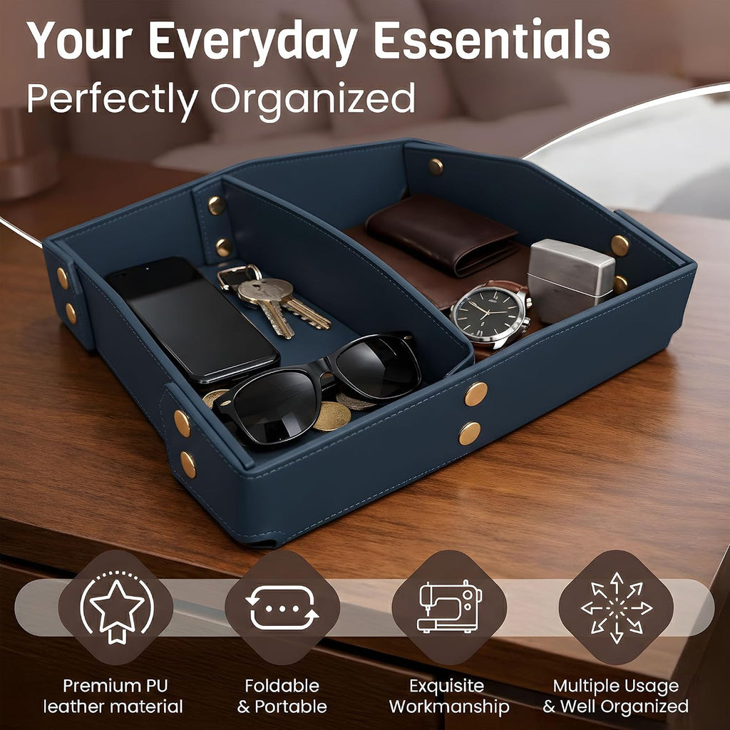Valet Tray Organizer for Men & Women - PU Leather Catch All Tray with Removable Divider - EDC Storage for Keys, Watch, Phone - Nightstand, Dresser & Desk Organizer - Pacific Navy