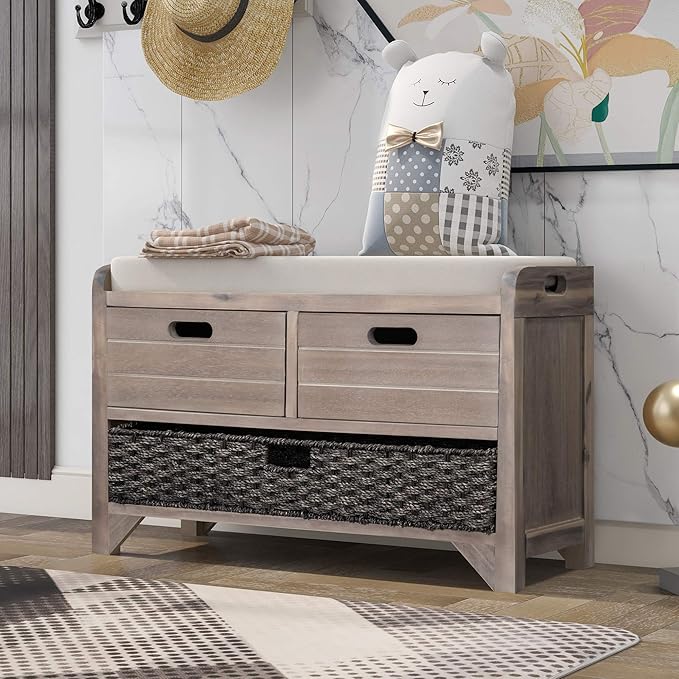 Merax Modern Wood Storage Bench with 2 Drawers and 1 Rattan Baskets for Living Room Bed Room Entryway Natural