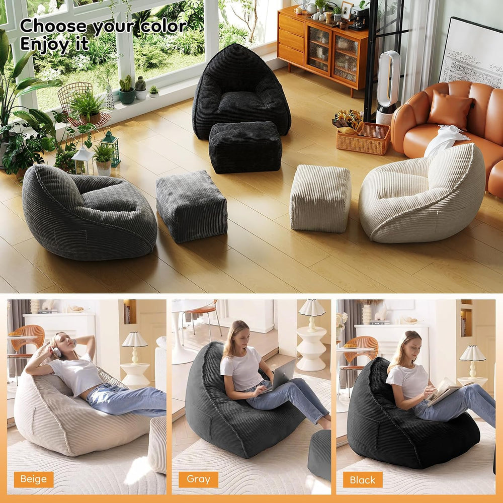 Cloud Large Bean Bag Chair with Ottoman, Corduroy Fabric+35D Memory Foam Big ...