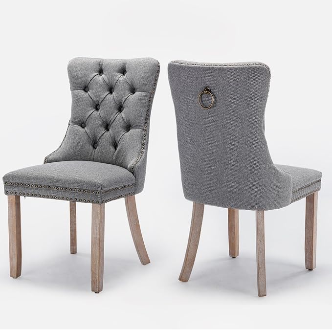 Linen Upholstered Dining Chairs Set of 2, Modern Style Kitchen Side Chairs with Nailhead Trim and Wood Leg, Metal Pulling Ring for Dining Room Living Room(Smoky Gray,Set of 2)