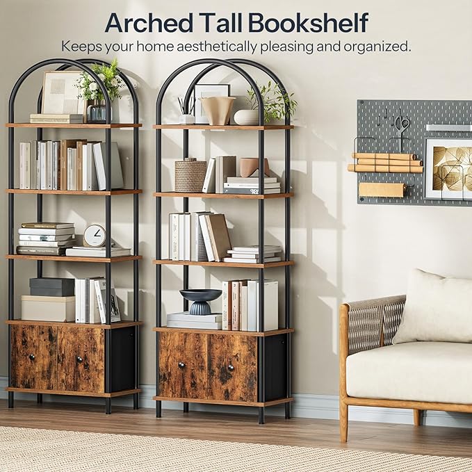 HOOBRO 5-Tier Bookshelf, Arched Bookcase with 2 Drawers, Tall Industrial Style Display Rack, Modern Standing Bookcase with Metal Frame for Office, Bedroom, Kitchen, Rustic Brown and Black BF175SJ01