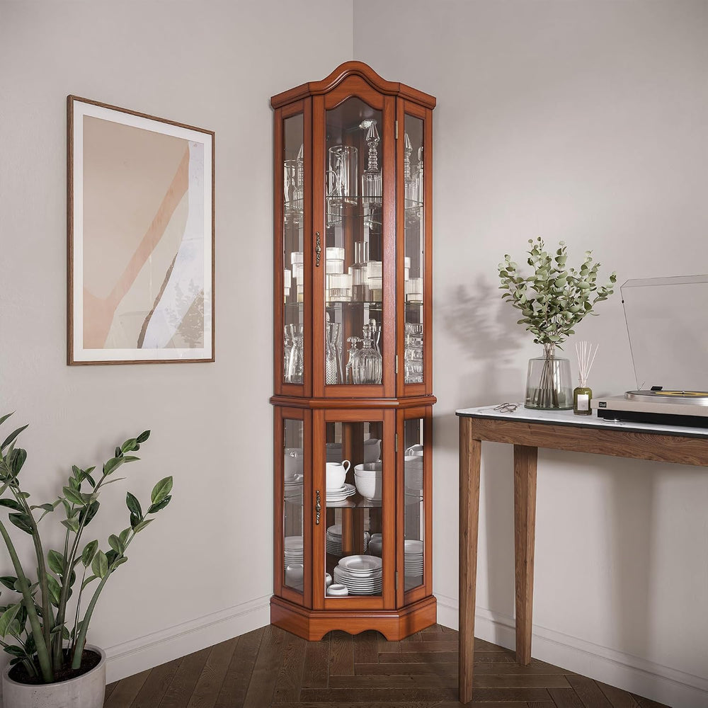 BELLEZE Lighted 3-Side Glass Display Curio Cabinet w/Tempered Glass Doors and...