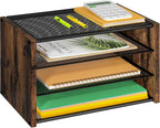 3-Tier Paper Letter Tray, Wooden Desk File Organizer, Stackable Metal Mesh Desk Organizer for Office Supplies. Small Paper Trays for Home Office School, Rustic Brown
