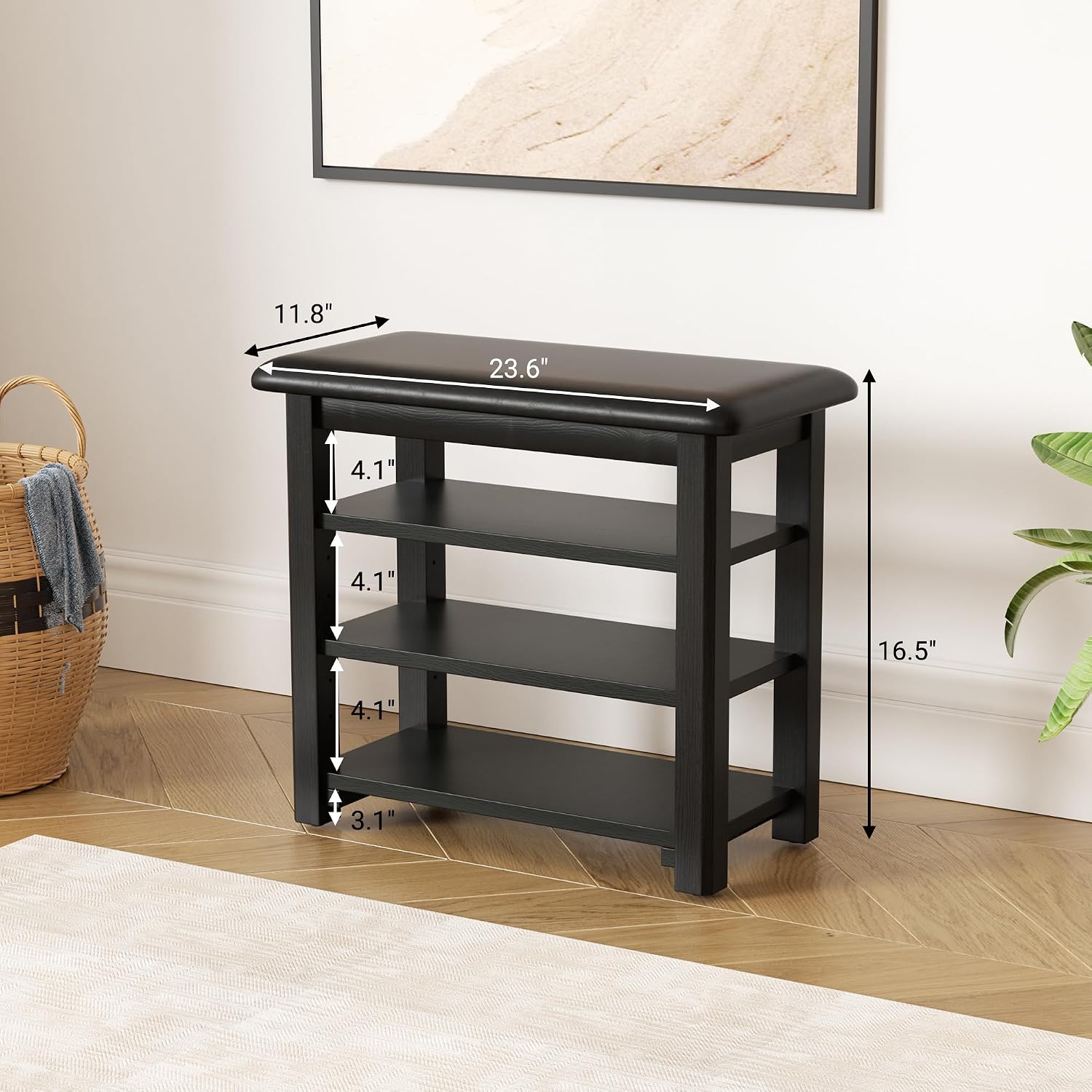 Shoe Rack Bench with Leather Cushion 3-Tier Shoe Rack Organizer for Entryway Hallway or Living Room Farmhouse Rustic Wooden Seat Bench Black 11.8" Dx23.6 Wx20.4 H