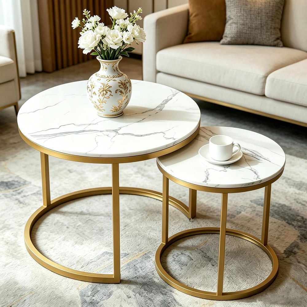 Round Coffee Table Set with Marble Pattern Top,Coffee Table and End Table Set...