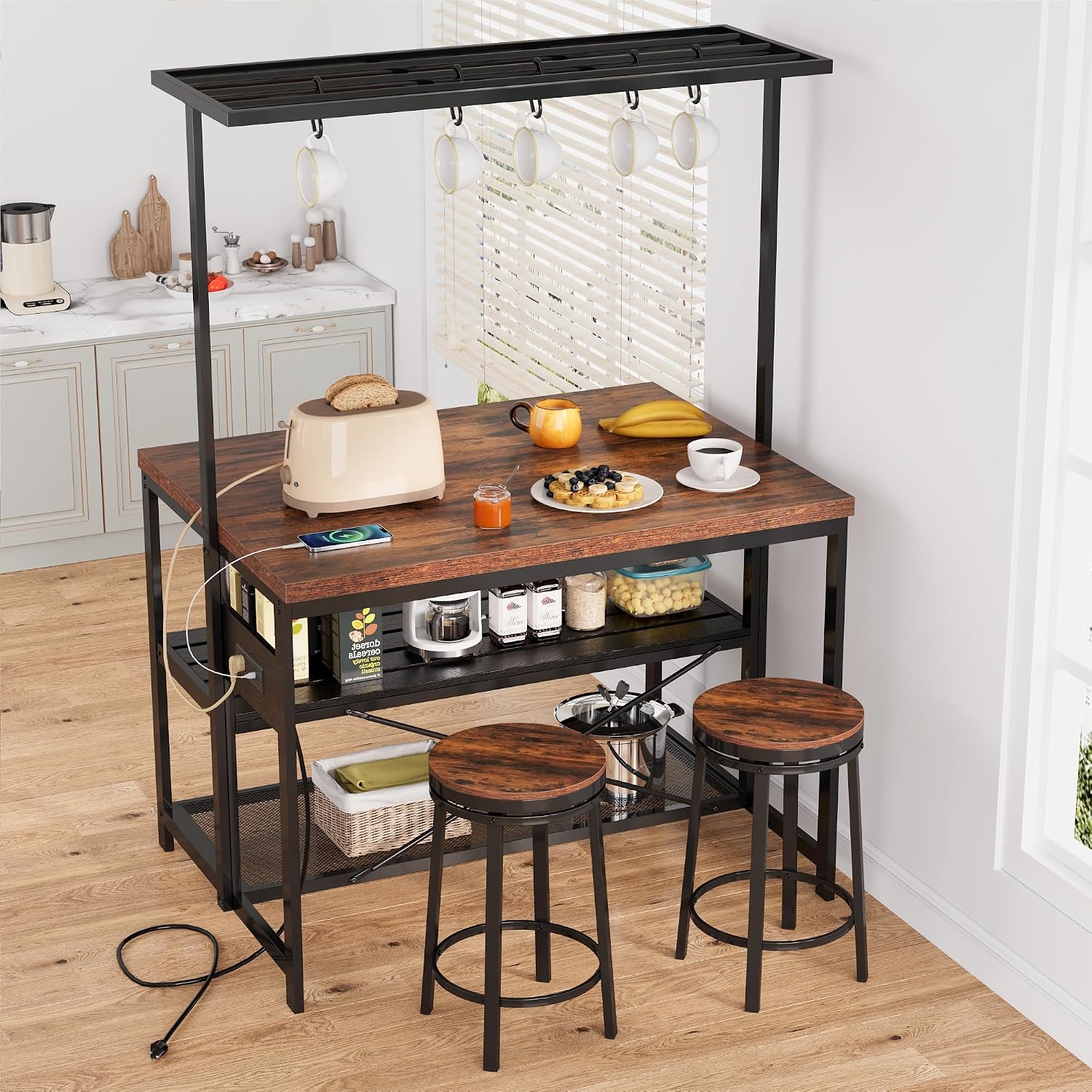47" Kitchen Island with Storage and Power Outlet - 3-Tier Bakers Rack Microwave Stand, Industrial Coffee Bar Table with Built-in 4-Outlet Power Hub, 5 Hanging s-Hooks & Open Tiered Shelves for Dining