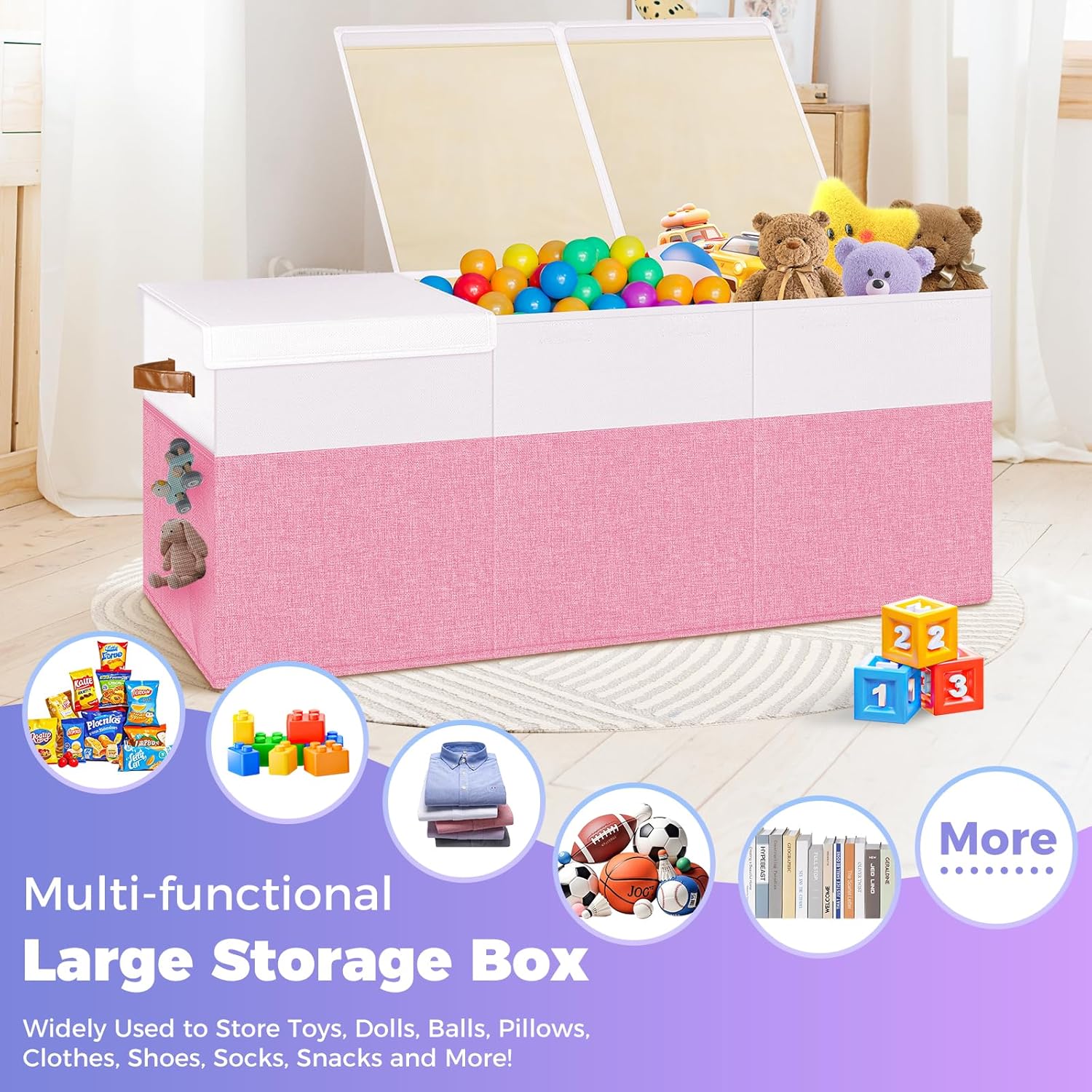 Extra Large Toy Storage Box with Lid, Collapsible Sturdy Toys Chest Storage Organizer Bin Basket with Divider for Kids, Boys, Girls, Closet, Playroom, Bedroom, Nursery, 40"X14"X16", Pink & White