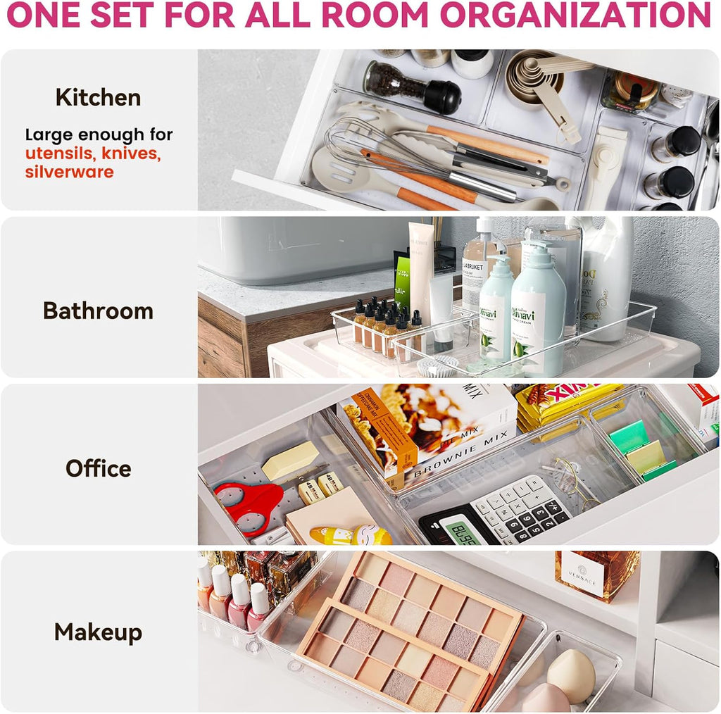 Criusia Large Drawer Organizer Bins 26 Pack | Complete 5 Size Clear Plastic Kitchen Drawer Organizers for Utensils | Bathroom Drawer Organizer Trays | Versatile for Makeup Office Organization