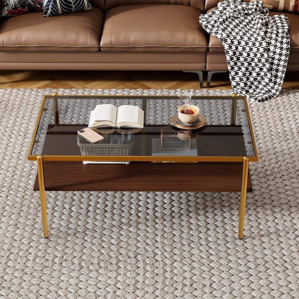 Rectangle Coffee Table with Gray Tempered Glass Top and Golden Legs, Modern T...