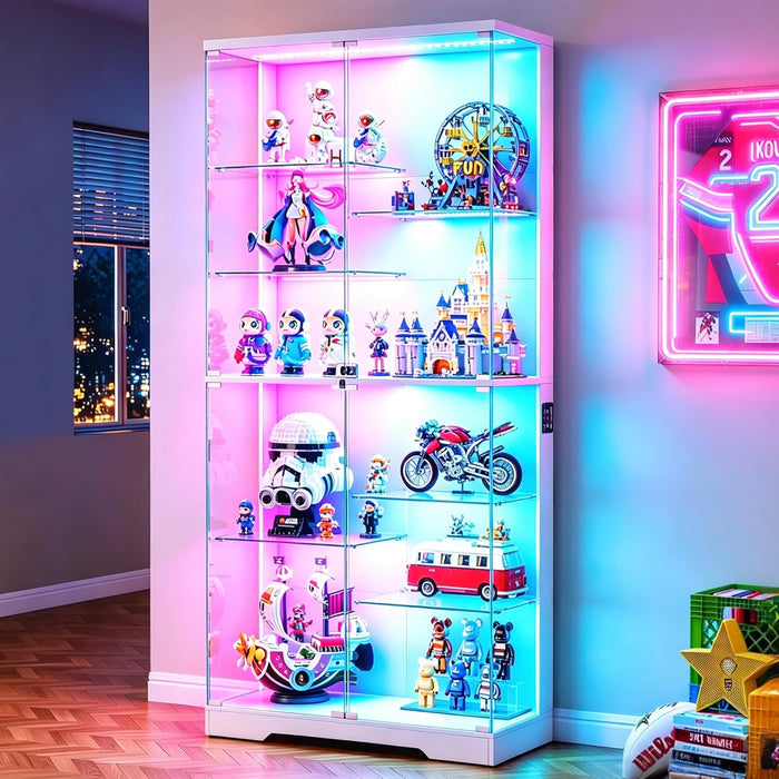 Lvifur 71'' Glass Display Cabinet - with RGB Lights,10-Tier Curio Cabinet with Glass Doors,Lockable Figure Display Case with Human Body Sensor,Tall Showcase Cabinets for Collectibles,White