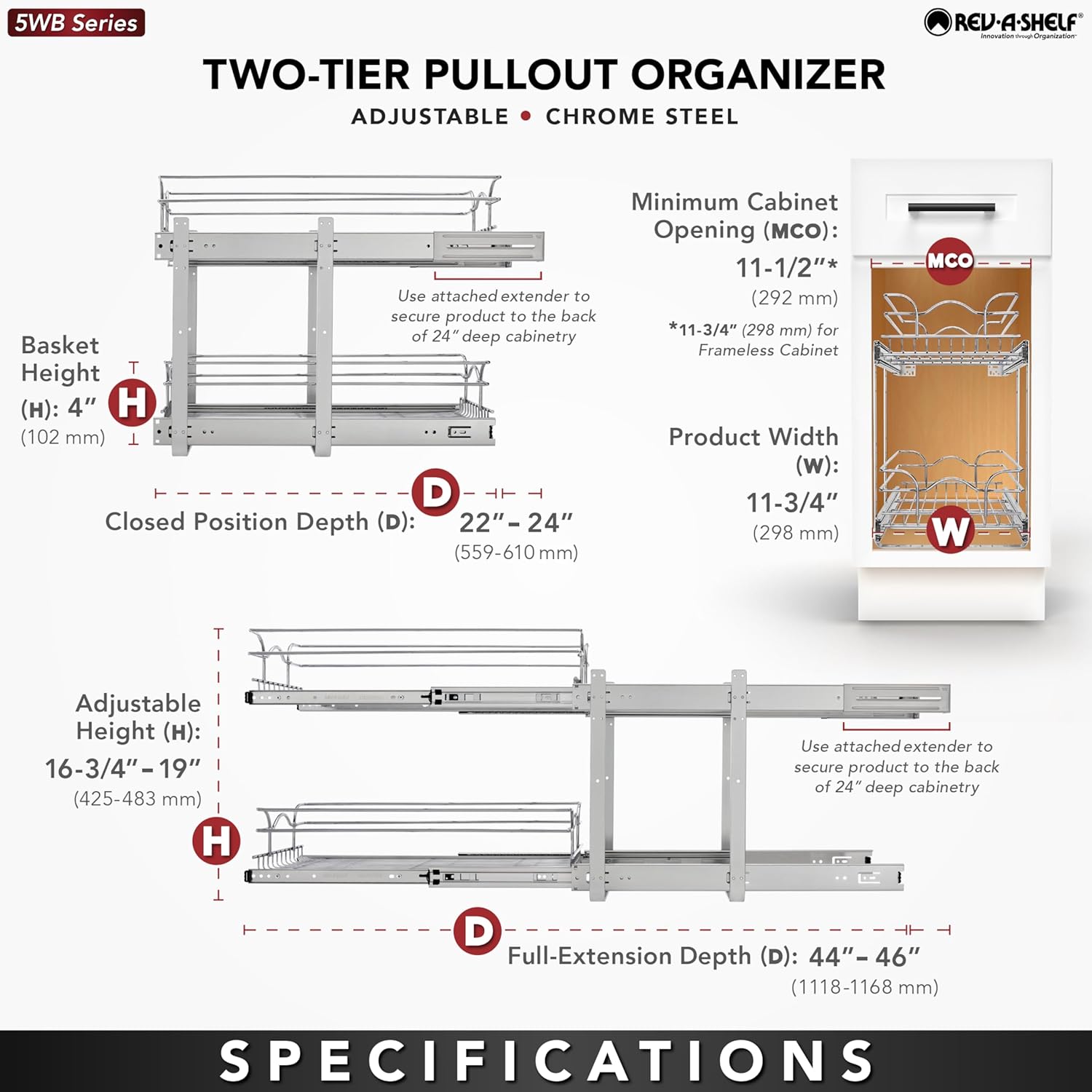 Rev-A-Shelf 2-Tier Kitchen Cabinet Pullout Shelf and Drawer Organizer Slide Out Pantry Storage Basket in Multiple Sizes, 12 x 22 In, 5WB2-1222CR-1