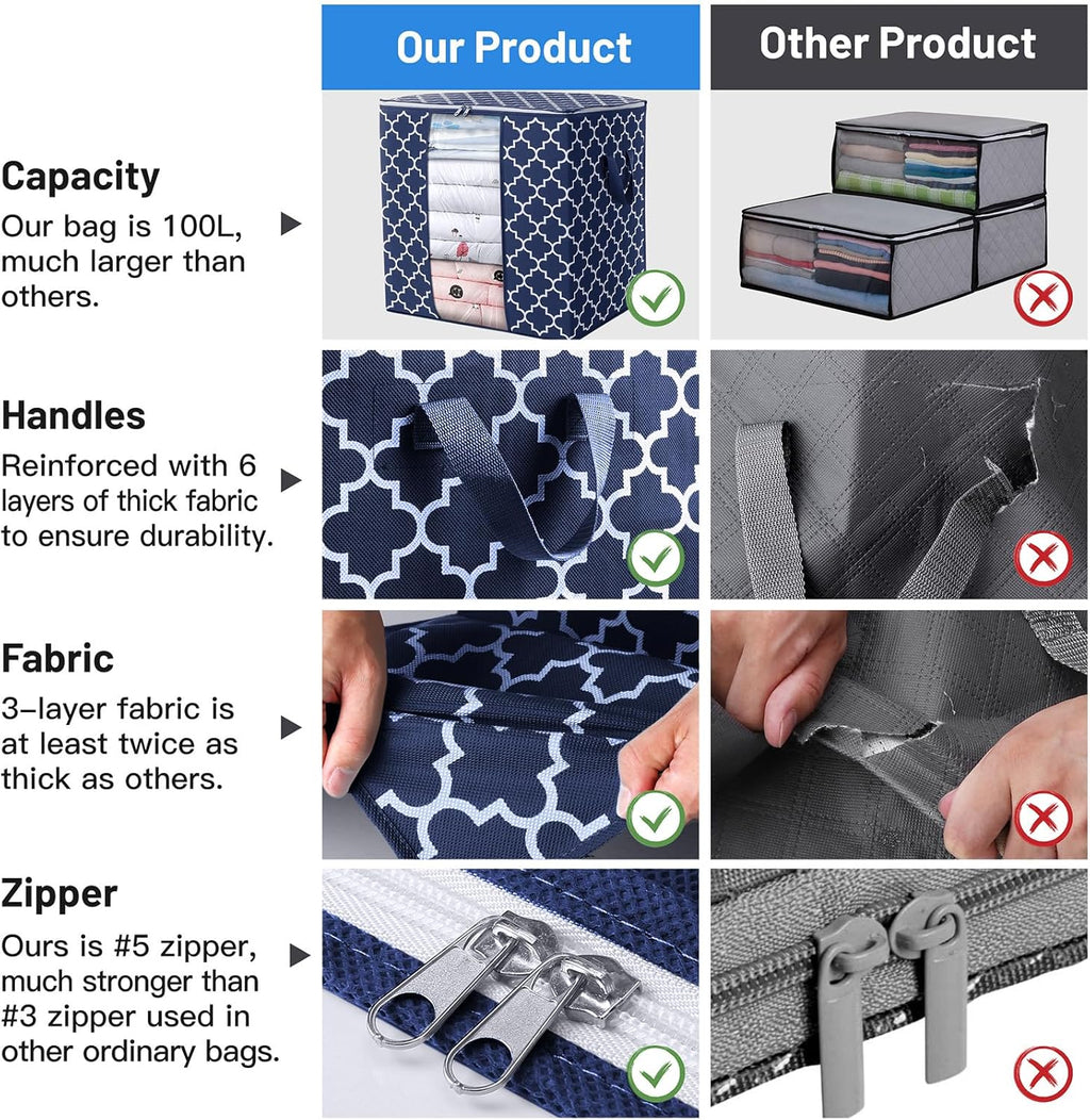 WISELIFE Storage Bags 2 Pack/100L Large Blanket Clothes Organization and Storage Containers for Comforters,Bedding, Foldable Organizer with Reinforced Handle, Clear Window, Sturdy Zippers,Blue