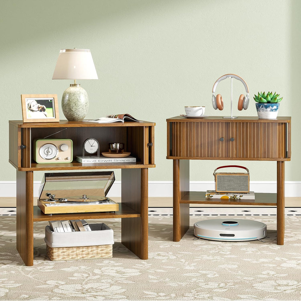 Fluted Nightstand Set of 2, Walnut End Table with Sliding Doors, Bedside Tabl...