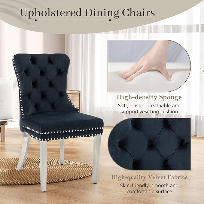 KCC Velvet Dining Chairs Set of 6, Upholstered High-end Tufted Dining Room Chair with Nailhead Back Ring Pull Trim Stainless Steel Legs, Contemporary Nikki Collection Modern Style for Kitchen, Black
