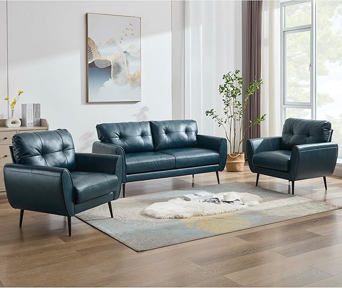 TYBOATLE Sofa Couch 61" Small Loveseat Couches for Living Room Leather Couch Mid Century Modern Tufted Mini Sofa Comfy Office 2 Seat Settee Love Seat Small Couches for Bedroom (3, Blue)