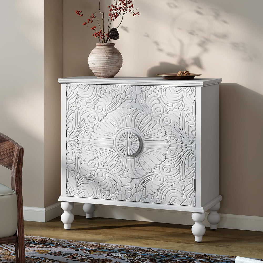 Solid Wood Buffet Cabinet, Accent Cabinet, 2 Carved Doors, White