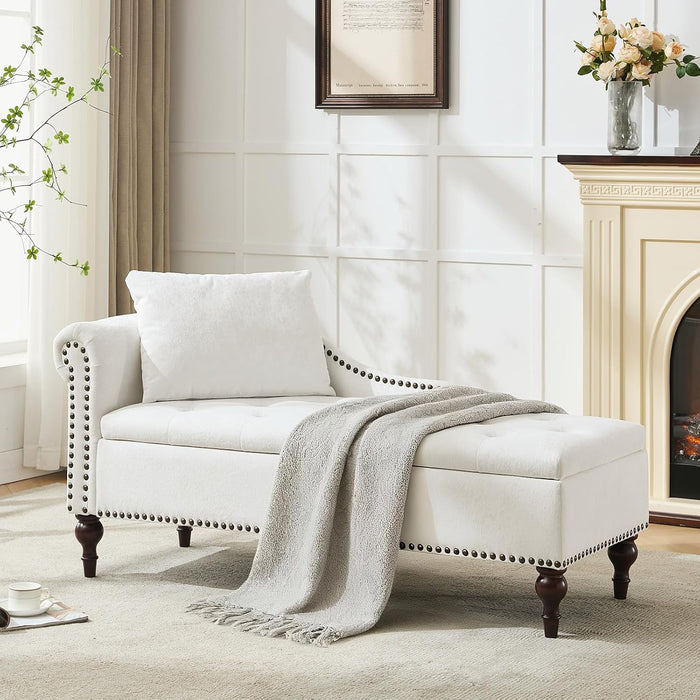 SOFTHION Velvet Chaise Lounge with Storage & Left Armrest, White