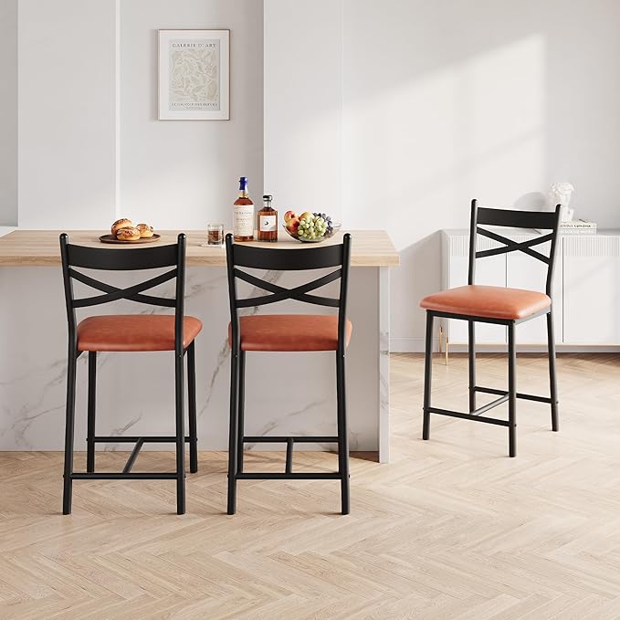GarveeHome Bar Stools Set of 2, Counter Height Bar Chairs with Back and Thick Cushion, Upholstered Dining Chairs with Padded Seat, Barstools for Kitchen Island, Bar, Dining Room, Modern Brown