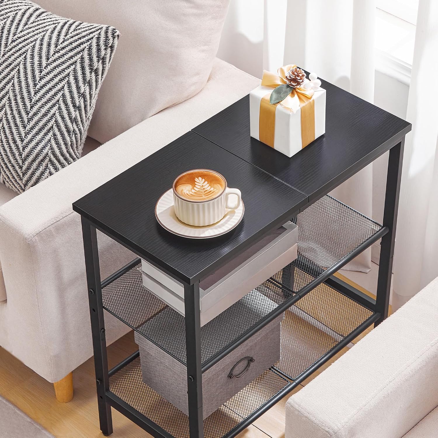 HOOBRO Black Side Table, 3-Tier Metal Side Table, Small Black Table with 2 Flat or Slant Adjustable Shelves for Small Spaces, Hallway, Living Room, Bedroom, Sturdy, Easy Assembly, Black BB23BZ01G1