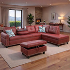 Sectional Couches for Living Room with Movable Chaise & Storage Ottoman - 97.5" Leather L Shaped Couches for Living Room Apartment, Home Modular Sectional Sofas with Cup Holder, Red