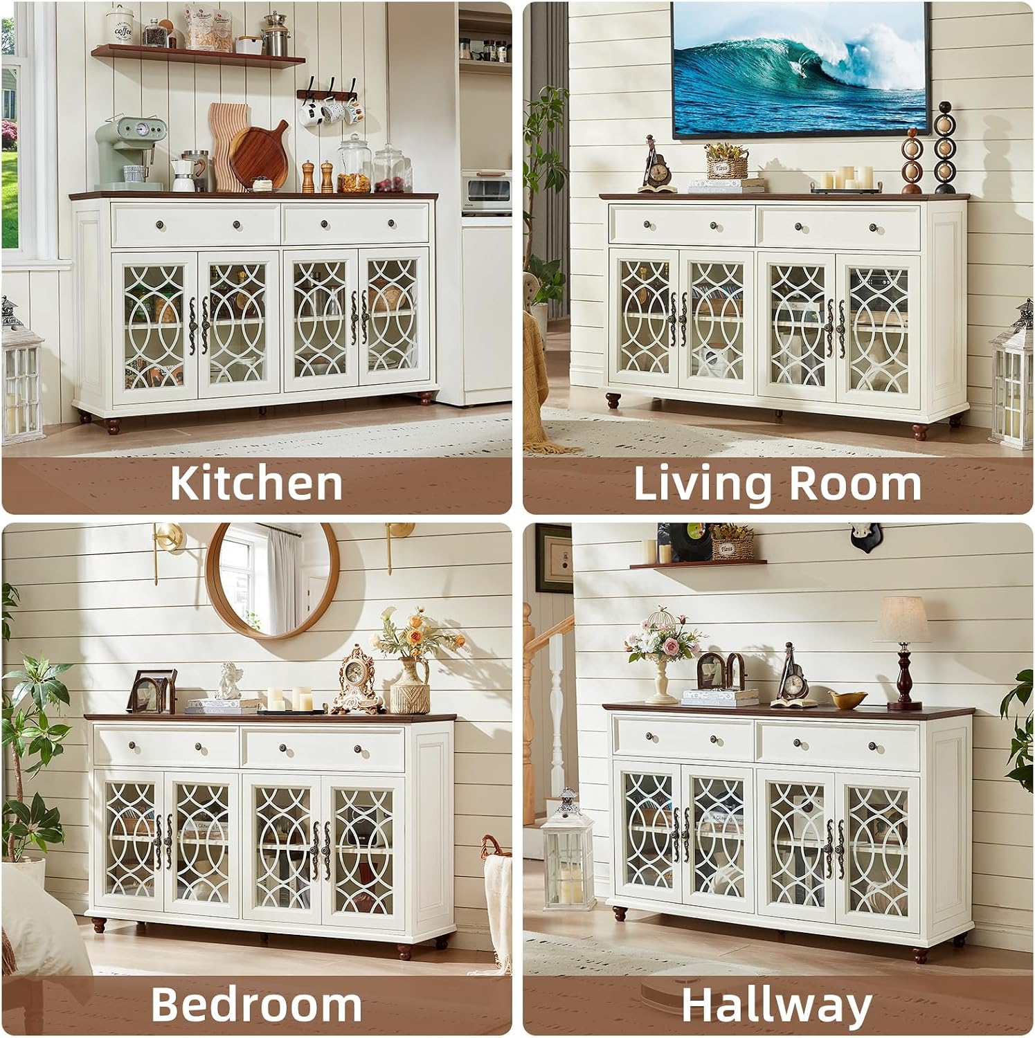 Joaxswe Large Sideboard Buffet Cabinet with Storage,59" Credenza with 4 Glass Doors & 2 Drawers,Adjustable Shelves Coffee Bar,Wood Kitchen Console Table for Dining Room,Living Room,Black