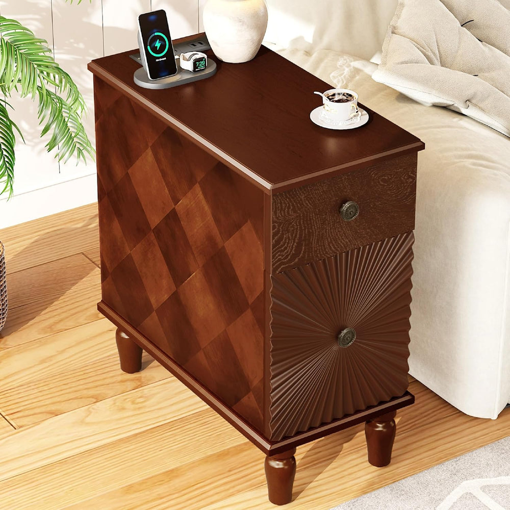 KEIKI Narrow End Table with USB Ports & Outlet, Wooden 2 Drawer Sofa Side...