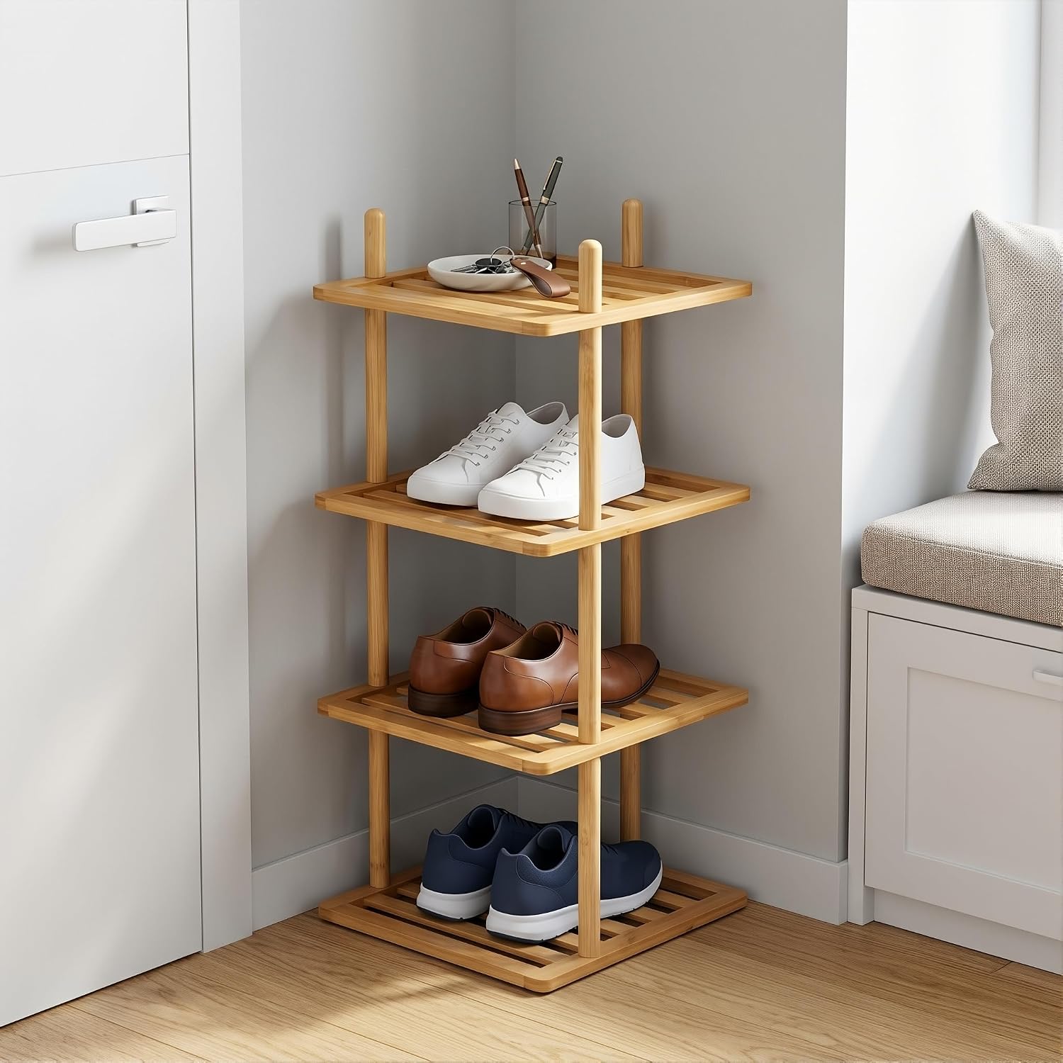 4-Tier Vertical Shoe Rack - Tall Narrow Shoe Rack Organizer for Small Spaces,Bamboo Shoen Shelf for Entryway,Closet,Corner,Doorway,Skinny Shoe Shelf Space Saving Shoe Storage (Natural, 4-Tier)