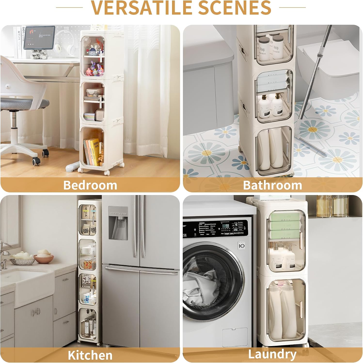 3-Tier Slim Narrow Bathroom Storage Cabinet, Cream White | Tool Free Assembly, Adjustable Shelves, Fits for Narrow Spaces, Reinforced Stability, Magnetic Clear Door