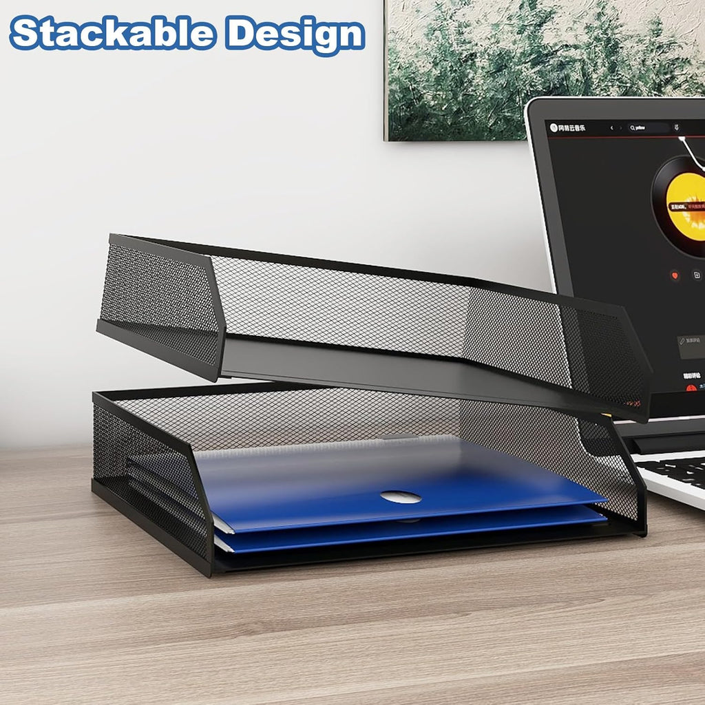 Natwind 2-Tier Stackable Paper Tray, Metal Mesh Desktop Organizer, A4 Paper Sorter, Letter Trays,File Folder Sorter Organizer with Sliding Tray for Home, Office, School (Black)
