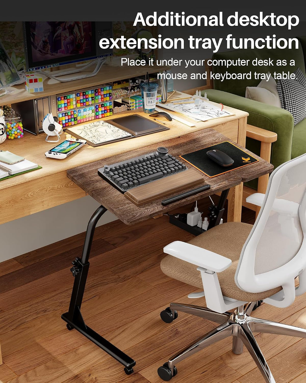 TV Tray Table with Wheels, Height Adjustable Folding Laptop Desk for Sofa | T...