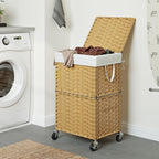 Chrislley 90L Slim Laundry Hamper with Wheels, Rolling Laundry Basket with Lid and Renovable Liner Bag, Handwoven Rattan Organizer for bedroom, bathroom, laundry room (Yellow)